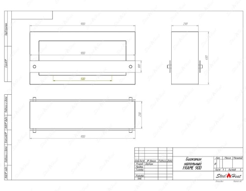 Биокамин SteelHeat WALL FRAME ONE 900 черный, стекло, стемалит SteelHeat